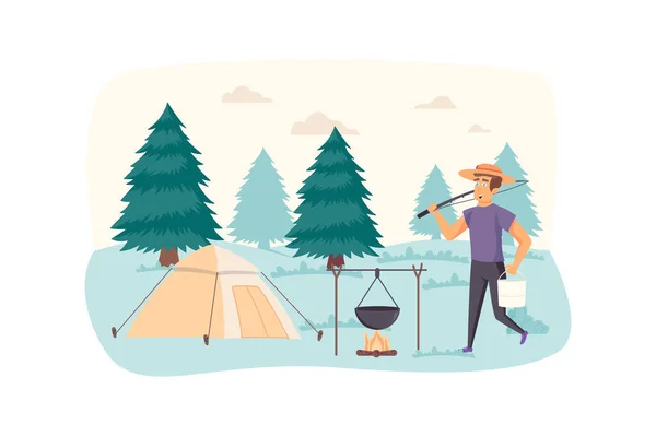 Mann ruht sich in Zeltszene aus. Touristen kochen Essen am Lagerfeuer im Sommerlager. Wandern in der Natur, Picknick im Freien, Urlaub, Tourismuskonzept. Illustration von Personen in flachem Design — Stockfoto