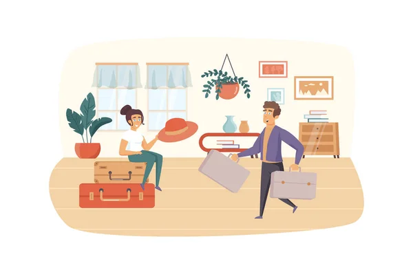 Mann und Frau packen Koffer für den Urlaub. Paar reist zusammen. Sommererholung, Weltreise, Tourismuskonzept. Illustration von Personen in flachem Design — Stockfoto