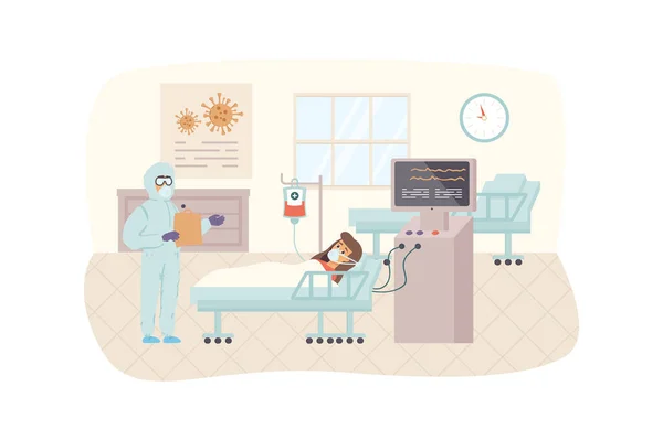 Doctor in protective suit visits hospitalized patient scene. Woman with coronavirus or viral infection lies in ward. Medical center concept. Illustration of people characters in flat design — Stock Photo, Image