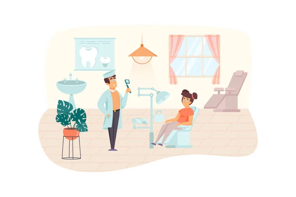 Dentist examines female patient scene. Woman visiting dental clinic for check up or treatment procedure. Medical center, healthcare concept. Illustration of people characters in flat design — Stock Photo, Image