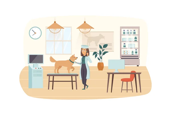 Tierklinik-Szene. Tierärztin untersucht Hund mit Stethoskop Ärzte Büro Interieur. Veterinärmedizin, Gesundheitskonzept für Haustiere. Illustration von Personen in flachem Design — Stockfoto