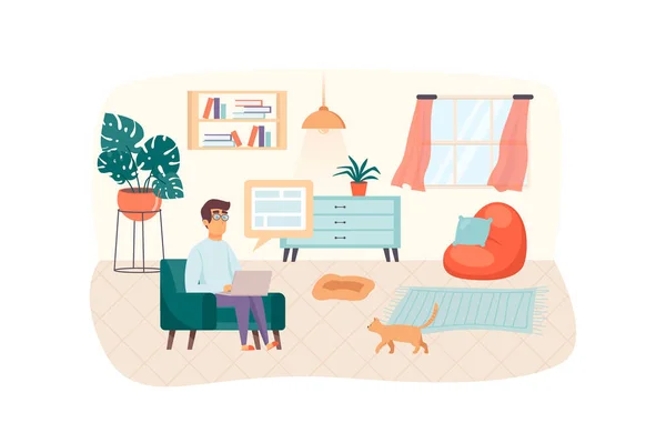 Designer working at home scene. Man typeset website or making layout for printed products. Creative profession, freelancer, remote work concept. Illustration of people characters in flat design — Stock Photo, Image