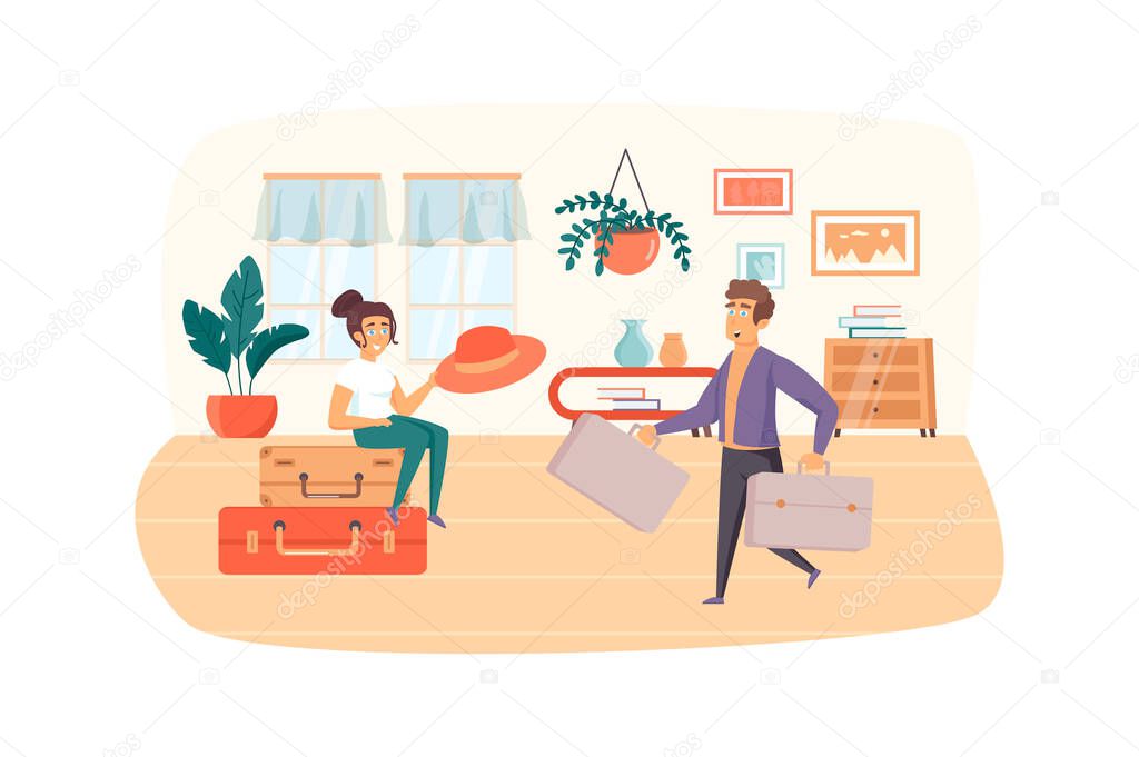 Man and woman packing suitcases for vacation. Couple travels together scene. Summer recreation, travel the world, tourism industry concept. Illustration of people characters in flat design