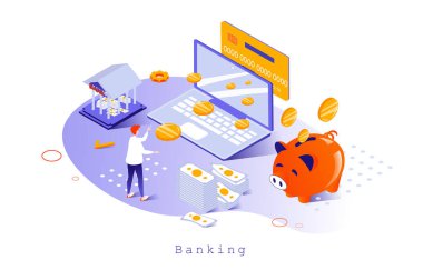 Bankacılık konsepti 3 boyutlu izometrik tasarım. Müşteri dijital cüzdan ve kişisel finans hesabı kullanıyor. İşlemler yapıyor ve ödeme yapıyor. İnsanlar ile web şablonu yapıyor. Web sayfası için vektör illüstrasyonu