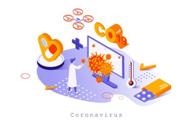 Coronavirus konsepti 3 boyutlu izometrik tasarım. Bilim adamı virüsü araştırıyor ve hastalıklar için aşı ve ilaç geliştiriyor, covid-19 'u durduruyor, insan sahneleriyle web şablonu yapıyor. Web sayfası için vektör illüstrasyonu