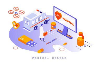 Tıbbi merkez konsepti 3 boyutlu izometrik tasarım. Doktor hastaları hastaneye, teşhisi ve tedaviyi, ambulansı ve eczaneyi, insanların bulunduğu internet şablonunu kabul ediyor. Web sayfası için vektör illüstrasyonu
