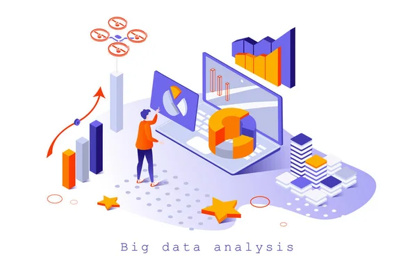 Big-Data-Analysekonzept im isometrischen 3D-Design. User Making Marketing Research, arbeitet mit Unternehmensstatistiken in Online-Rechenzentren, Web-Vorlage mit Menschen Szene. Vektorillustration für Webseite — Stockvektor