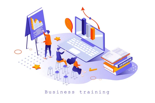 Business training concept in 3d isometric design. Employees learning at coach lecture, mentoring and consulting, career development, web template with people scene. Vector illustration for webpage — Stock Vector