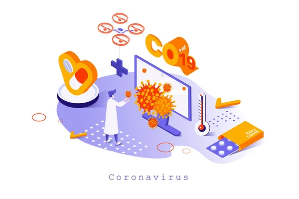코로나 바이러스의 개념 은 3d isometric design 에서 비롯 되었다. 과학자들은 바이러스를 연구하고 질병을 위한 백신 과 의약품을 개발하고, 사람들의 모습을 담은 웹 템플릿을 중단 한다. 웹 페이지를 위한 벡터 삽화 — 스톡 벡터