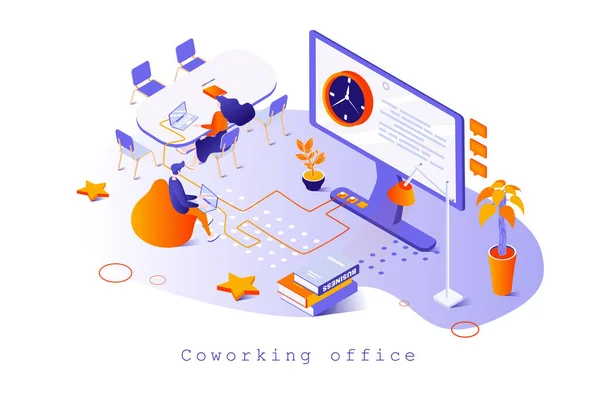 Coworking office concept in 3d isometric design. Colleagues work on laptops in open space, collaboration, communication and teamwork, web template with people scene. Vector illustration for webpage — Stock Vector