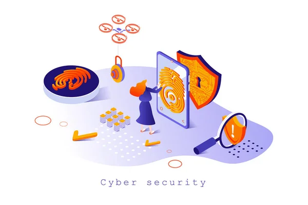 Cybersecurity concept in 3d isometrische ontwerp. Bescherming van persoonsgegevens op internet, identificatie van gebruikers met vingerafdrukscanner, websjabloon met mensenscene. Vector illustratie voor webpagina — Stockvector