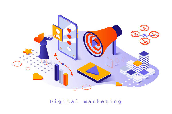 Digital marketing concept in 3d isometric design. Marketer doing data research and analysis, online advertising, business promotion, web template with people scene. Vector illustration for webpage