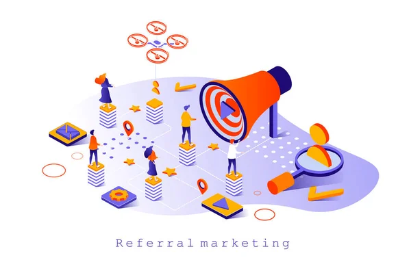 Concetto di marketing referral nella progettazione isometrica 3d. Fai riferimento a un amico, clienti fedeli che condividono informazioni commerciali, strategia di promozione online, modello web con la scena delle persone. Illustrazione vettoriale per pagina web — Vettoriale Stock