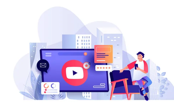 Video marketing scene. Man creates content, huge computer screen with play button. Promotion, seo optimization, business strategy concept. Illustration of people characters in flat design