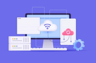 Bulut hesaplama ve depolama konsepti 3 boyutlu illüstrasyon. Bilgisayar ekranlı simge bileşimi, dosyalar yükleme ve işleme, ayar sunucuları ve veri merkezi. Modern web tasarımı için vektör illüstrasyonu
