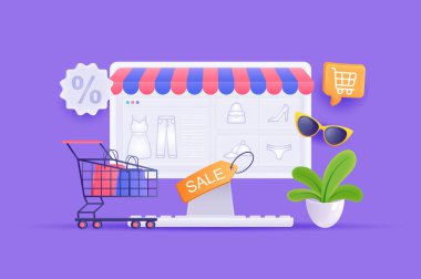 İndirim mağazası ve online alışveriş konsepti 3D illüstrasyon. Bilgisayar ekranında ürünleri olan simge kompozisyonu, indirimli satışlar, çantalarda alışveriş arabaları. Modern web tasarımı için vektör illüstrasyonu