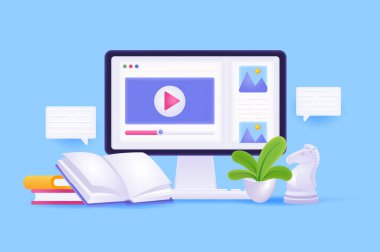 Eğitim ve e-öğrenim konsepti 3 boyutlu illüstrasyon. Bilgisayar ekranında video dersi içeren simge kompozisyonu, açık kitap, satranç, bitki. Çevrimiçi öğrenim ve kurslar. Modern web tasarımı için vektör illüstrasyonu