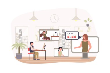 Uzaktan öğrenme modern düz konsept. Erkek öğrenci evde oturur ve öğretmen ve sınıf arkadaşlarıyla video dersi izler. Online eğitim. Web paneli tasarımı için insan sahnesi olan vektör illüstrasyonu