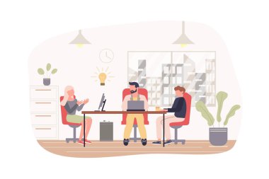Ofis modern düz konseptte takım çalışması. Personel ekibi konferans odasında oturuyor, görevleri tartışıyor ve iş geliştirme konusunda fikirler üretiyorlar. Web paneli tasarımı için insan sahnesi olan vektör illüstrasyonu