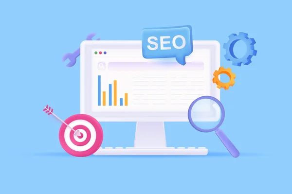 Seo optimizasyon konsepti 3D çizim. Arama satırı ve anahtar sözcüklerle bilgisayar ekranında ikon bileşimi, büyüteç, hedef alma, ayarlar ve vitesler. Modern web tasarımı için vektör illüstrasyonu — Stok Vektör