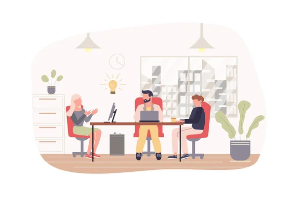 Teamwork at office modern flat concept. Employees team sitting in conference room, discuss tasks and create ideas for business development. Vector illustration with people scene for web banner design — Stock Vector