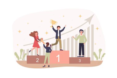 İş ödülü töreni modern düz konsept. İş adamlarından oluşan takım altın kupa ve ödüller kazanır ve alır. Amaç başarı ve motivasyon. Web paneli tasarımı için insan sahnesi olan vektör illüstrasyonu