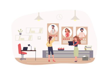 İşe alım ve İnsan Kaynakları modern düz konsepti işliyor. Yöneticiler açık pozisyon için başvuranların özgeçmişlerini araştırıyor ve ofisteki personeli seçiyor. Web paneli tasarımı için insan sahnesi olan vektör illüstrasyonu