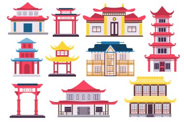 Çin ve Japon binalarının konsept koleksiyonu düz çizgi film tasarımında. Pagoda çatıları olan geleneksel mimaride kuleler, evler, kapı ve tapınak, izole elementler yerleştirildi. Vektör illüstrasyonu