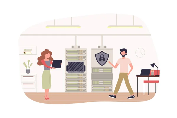 Cyber-Security-Team arbeiten in Büro modernes flaches Konzept. Schutz vor Internet-Angriffen. Mann und Frau arbeiten im Hardwareraum eines Rechenzentrums. Vektor-Illustration mit People-Szene für Web-Banner-Design — Stockvektor