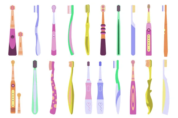 Toothbrushes concept collection in flat cartoon design. Different types and colors of toothbrushes set isolated elements. Cleaning tools for mouth. Dental hygiene and oral care. Vector illustration — Stock Vector