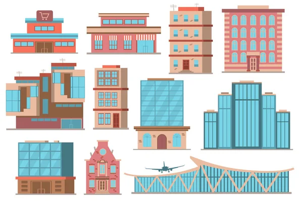 Konzeptsammlung städtischer Gebäude im flachen Cartoon-Design. Verschiedene Arten von privaten oder öffentlichen Gebäuden in moderner Architektur. Das Stadtbild von Immobilien setzte isolierte Elemente. Vektorillustration — Stockvektor