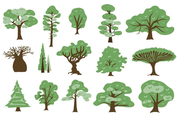 Colección concepto árboles verdes en diseño plano de dibujos animados. Diferentes tipos de árboles de hoja caduca y coníferas con corona verde. Los parques, jardines y bosques plantan elementos aislados. Ilustración vectorial — Archivo Imágenes Vectoriales