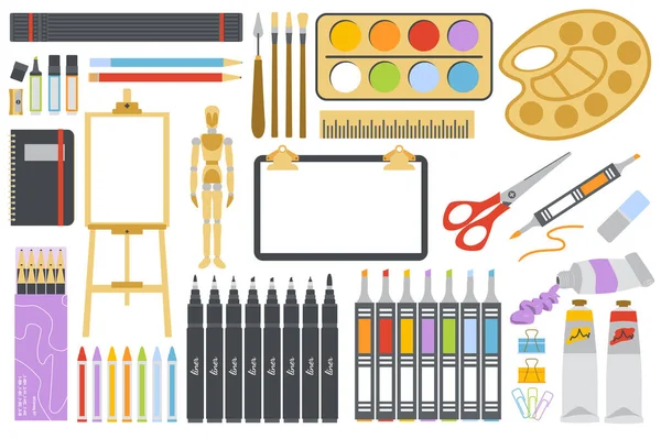 Outils de dessin d'artiste fixés dans la conception de dessin animé plat. Instruments de peintre éléments isolés. Chevalet, toile, crayons, peintures, marqueurs, palette, ciseaux, bloc-notes papeterie et autres. Illustration vectorielle — Image vectorielle