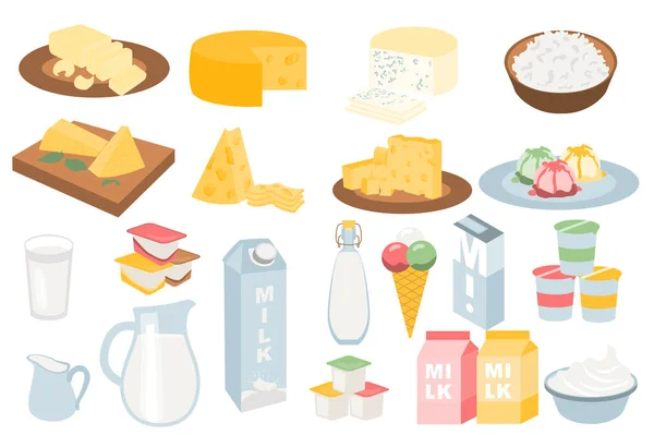 Productos lácteos en diseño plano de dibujos animados. Diferentes tipos de quesos, requesón en tazón, leche en jarra o vaso, yogures en recipientes, helados, postres, diversos envases. Ilustración vectorial — Vector de stock