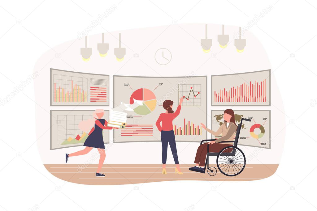 Data analysis and business statistics modern flat concept. Women study charts and graphs on huge screens. Accessibility in office space. Vector illustration with people scene for web banner design