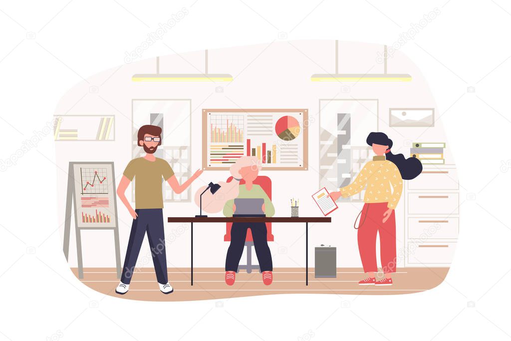 Team making marketing research modern flat concept. Marketing team analyzes chart and graph data, discusses and creates business ideas. Vector illustration with people scene for web banner design