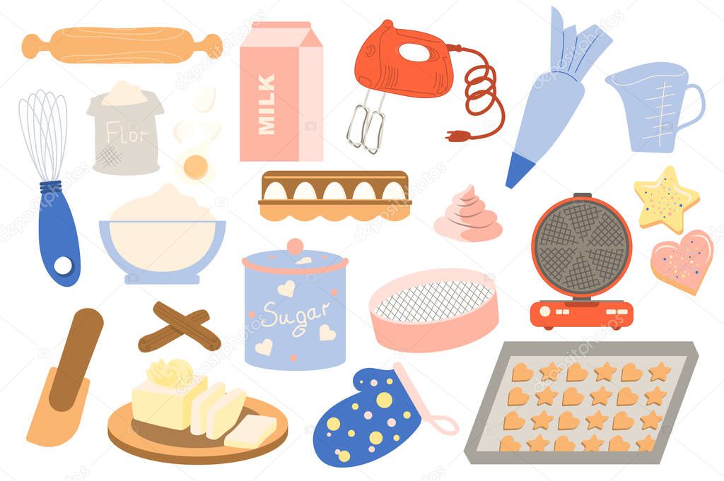 Homemade bakery collection in flat cartoon design. Kitchen utensils and ingredients for making desserts. Rolling pin, flour, milk, whisk, eggs and other set isolated elements. Vector illustration