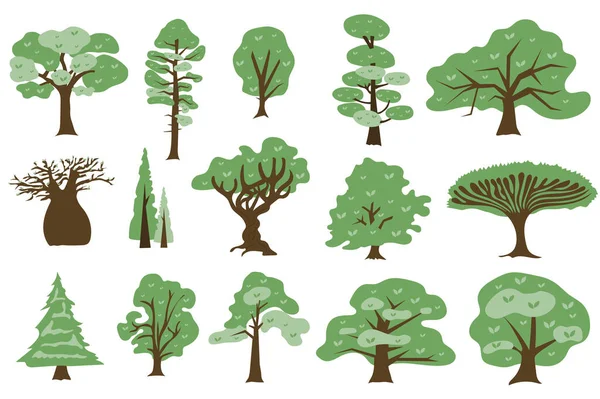 Green trees concept collection in flat cartoon design. Different types of deciduous and coniferous trees with green crown. Parks, gardens and forests plants set isolated elements. Illustration — Stock Photo, Image