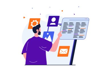 Web pankartı tasarımı için uygulama geliştirme modern düz konsept. Erkek geliştirici kodlaması, test ve optimizasyon kodu, arayüzün grafik elementlerini yerleştirir. İzole edilmiş insan sahnesi ile vektör illüstrasyonu