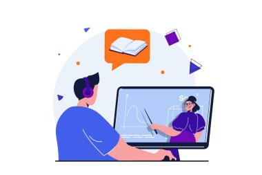 Web pankartı tasarımı için modern düz konsepte geri dönüyoruz. Ergen öğrenci matematik üzerine video dersi izliyor ve yeni bilgiler kazanıyor, ödev yapıyor. İzole edilmiş insan sahnesi ile vektör illüstrasyonu