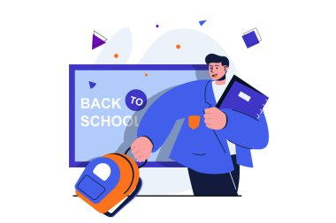 Web pankartı tasarımı için modern düz konsepte geri dönüyoruz. Sırt çantalı ve defterli öğrenci hemen derse gidiyor. Mutlu öğrenci eğitim ve eğitim alır. İzole edilmiş insan sahnesi ile vektör illüstrasyonu