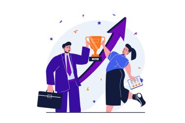 Web afişi tasarımı için modern düz konsept iş ödülü. İş adamı ve iş kadını altın kupayı elinde tutarak zaferi kutluyor ve kariyer hedeflerine ulaşıyorlar. İzole edilmiş insan sahnesi ile vektör illüstrasyonu