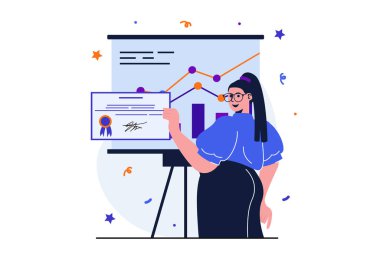Web afişi tasarımı için modern düz konsept iş ödülü. İş kadını, iş başarısı ve şirket geliştirme ödülü aldı. İzole edilmiş insan sahnesi ile vektör illüstrasyonu