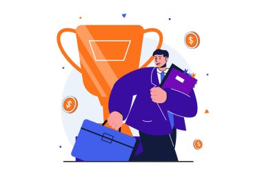 Web afişi tasarımı için modern düz konsept iş ödülü. İşadamı altın kupayı alır, geliri artırır ve yatırım yapar, yeni projeler geliştirir. İzole edilmiş insan sahnesi ile vektör illüstrasyonu