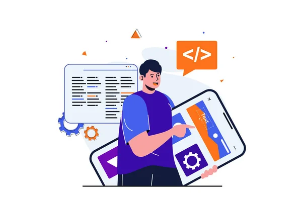 Desarrollo de aplicaciones moderno concepto plano para el diseño de banners web. Diseñador masculino trabaja con el diseño de la interfaz de la aplicación móvil, por lo que la optimización ui y codificación. Ilustración vectorial con escena aislada de personas — Vector de stock