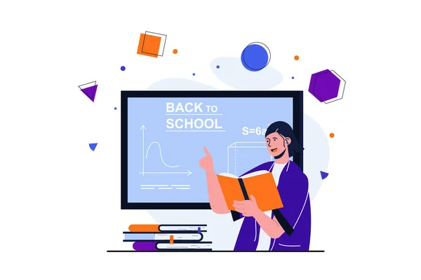 Terug naar school modern plat concept voor web banner design. Gelukkige vrouwelijke student lezen boek op schoolbord en het beantwoorden van examen. Opleiding en onderwijs. Vector illustratie met geïsoleerde mensen scène — Stockvector