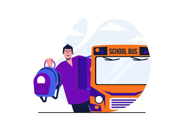 Concept plat moderne de retour à l'école pour la conception de bannières Web. Étudiant heureux avec sac à dos va à des cours sur bus jaune. L'élève adolescent se précipite en classe. Illustration vectorielle avec scène de personnes isolées — Image vectorielle