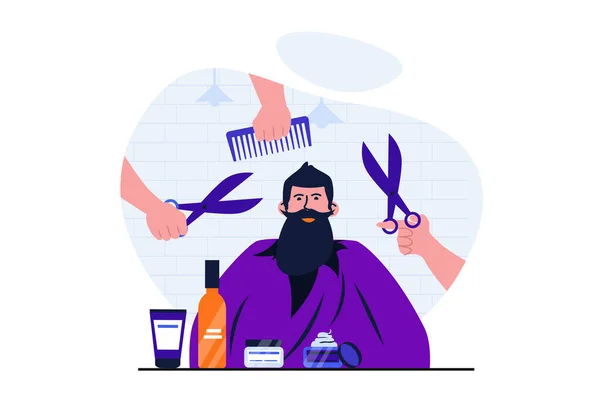 Web afişi tasarımı için berber dükkanı modern düz konsept. Erkek müşteri sandalyede oturuyor ve stüdyoda saç kesimi, stil ve sakal bakımı görüyor. İzole edilmiş insan sahnesi ile vektör illüstrasyonu — Stok Vektör