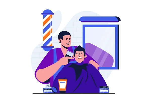 Barbershop modern lapos koncepció web banner design. Szakmai borbély csinál rövid frizura és stílus boldog férfi ügyfél stúdióban tükör. Vektor illusztráció elszigetelt emberek jelenet — Stock Vector