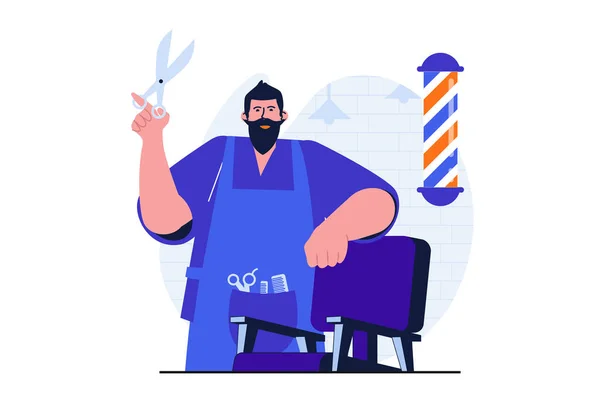 Barbershop modern lapos koncepció web banner design. Professzionális fodrász ollóval és fésűvel, széken állva várja az ügyfelet a stúdióban. Vektor illusztráció elszigetelt emberek jelenet — Stock Vector